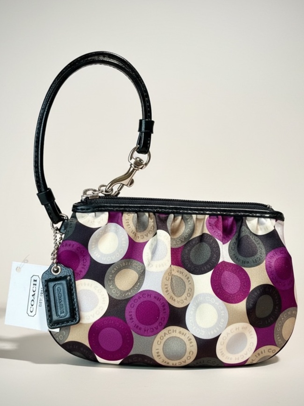 Coach Satin Wristlet with Circle Pattern and Patent Leather Trim. NWT
